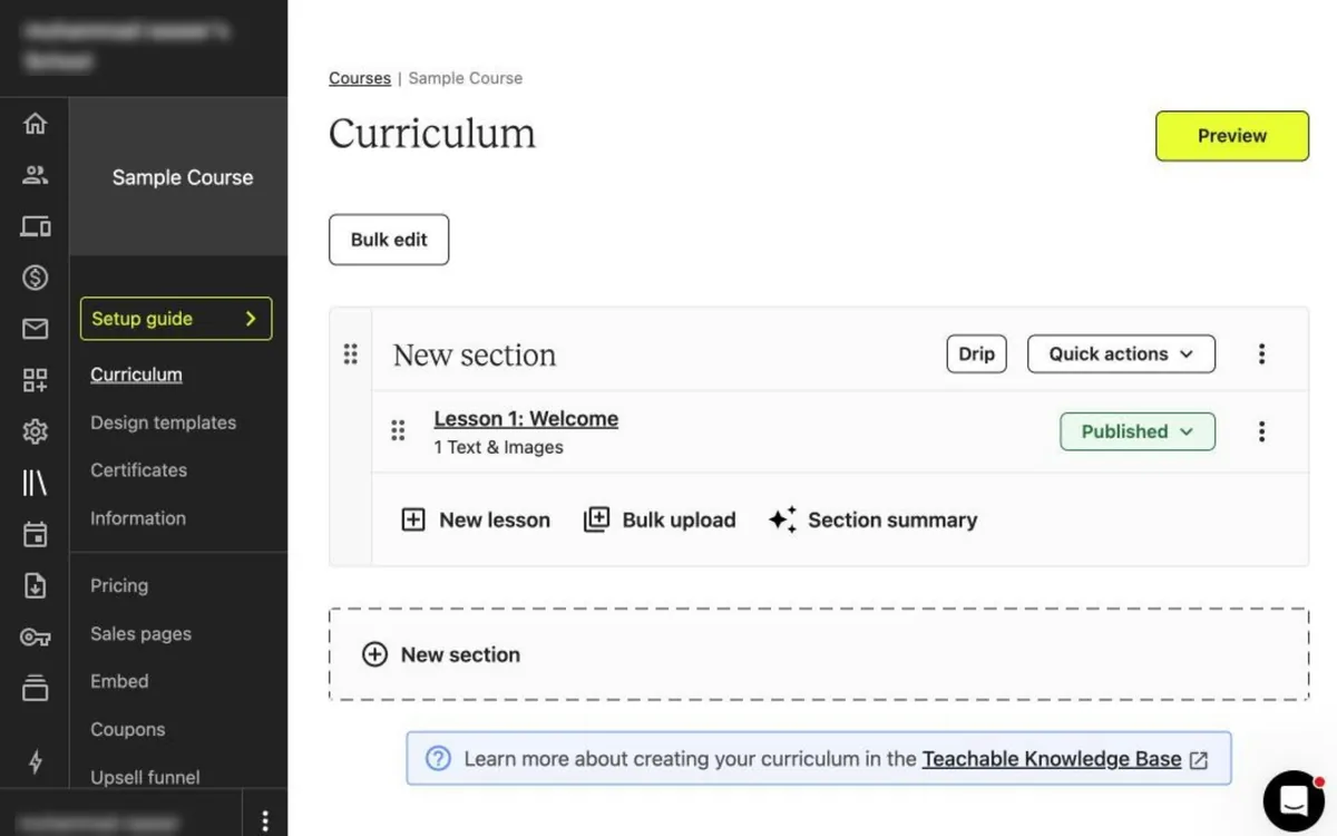 Teachable's creator admin Curriculum view, where a course owner sees Lesson 1: Welcome listed as Published and can add a new lesson or preview the course.